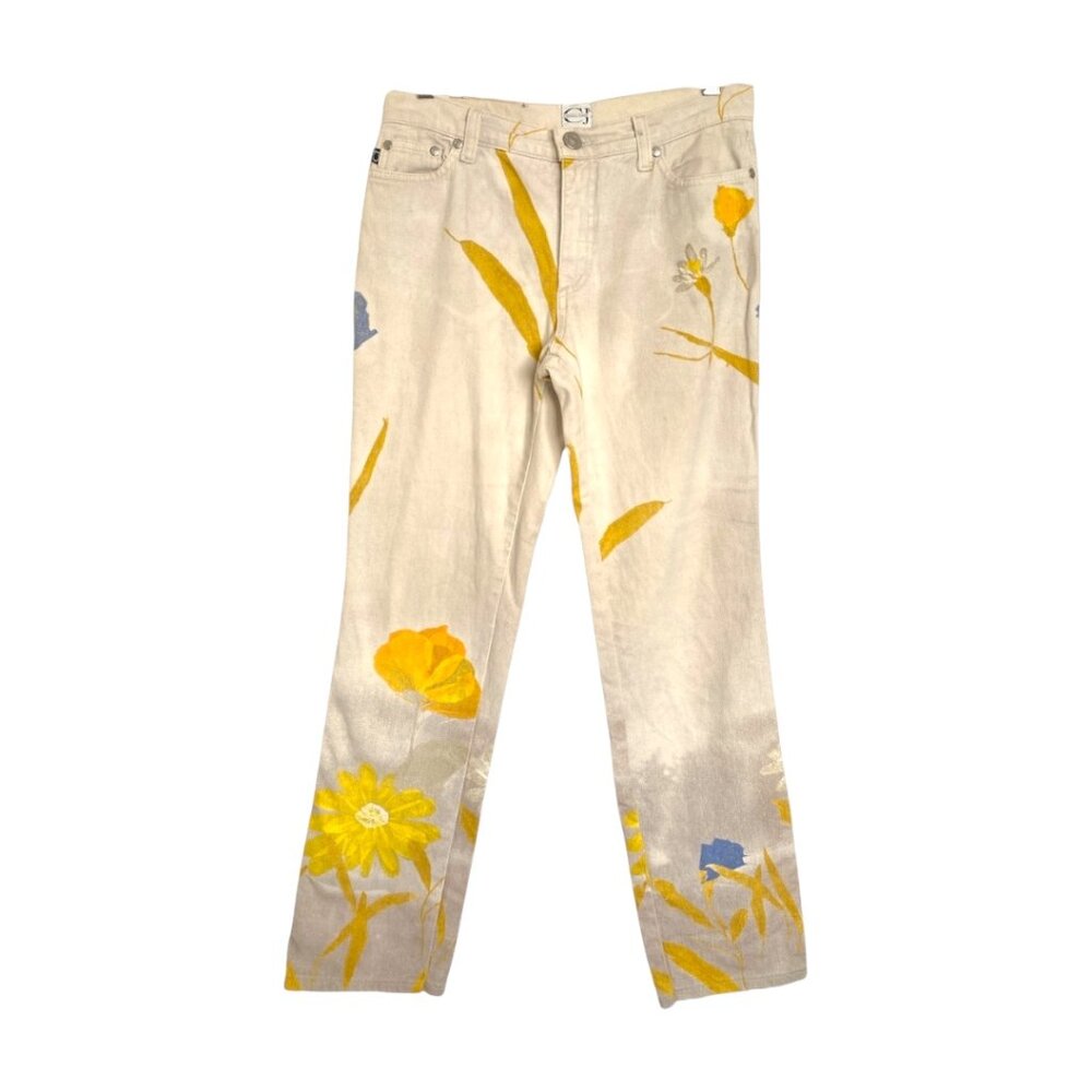 RARE SS2000 Roberto Cavalli Jeans Vintage Y2k Gray Yellow Floral Jeans Size 27